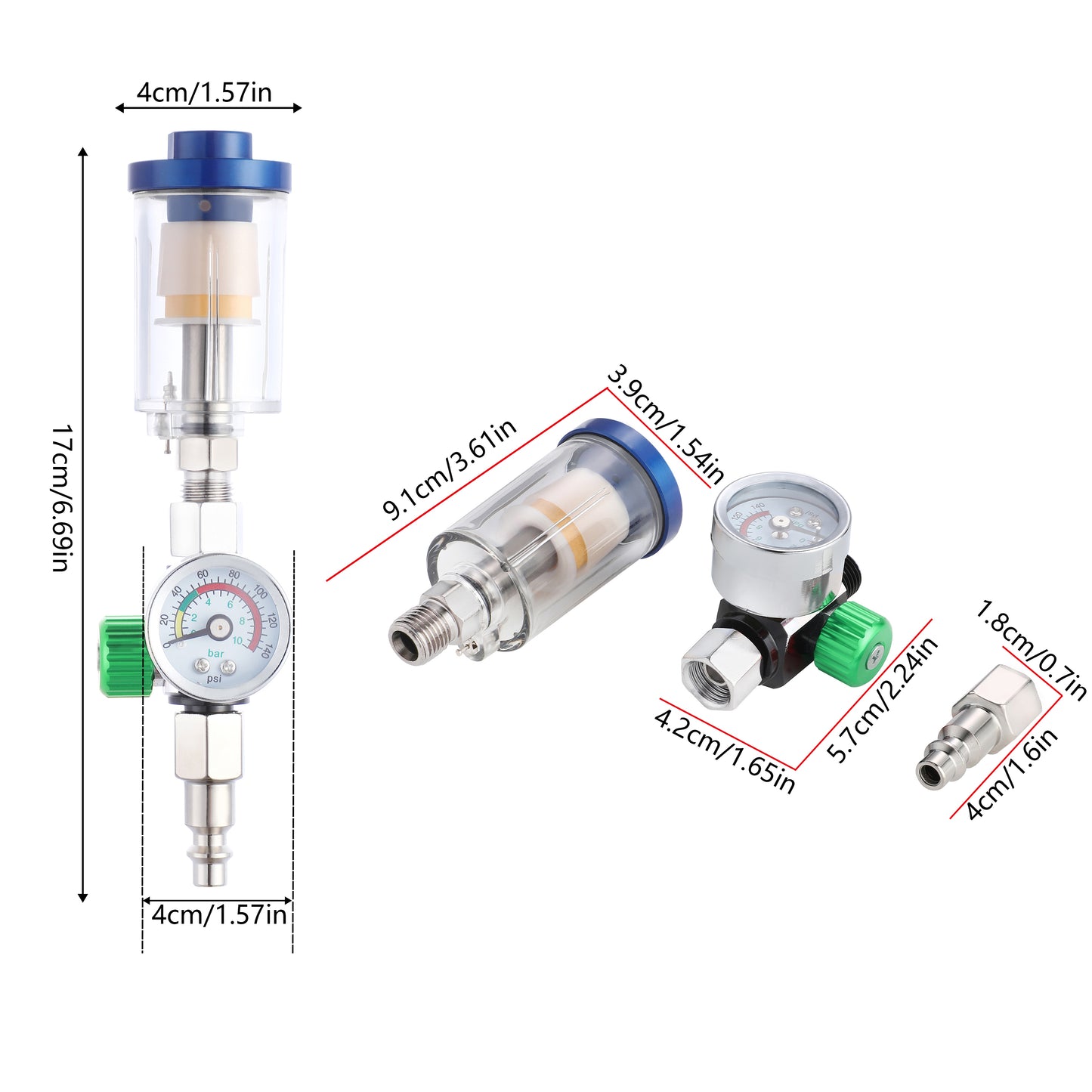 Oil Water Separator, Air Filter with Pressure Gauge, Pressure Regulator for Air Spray Gun