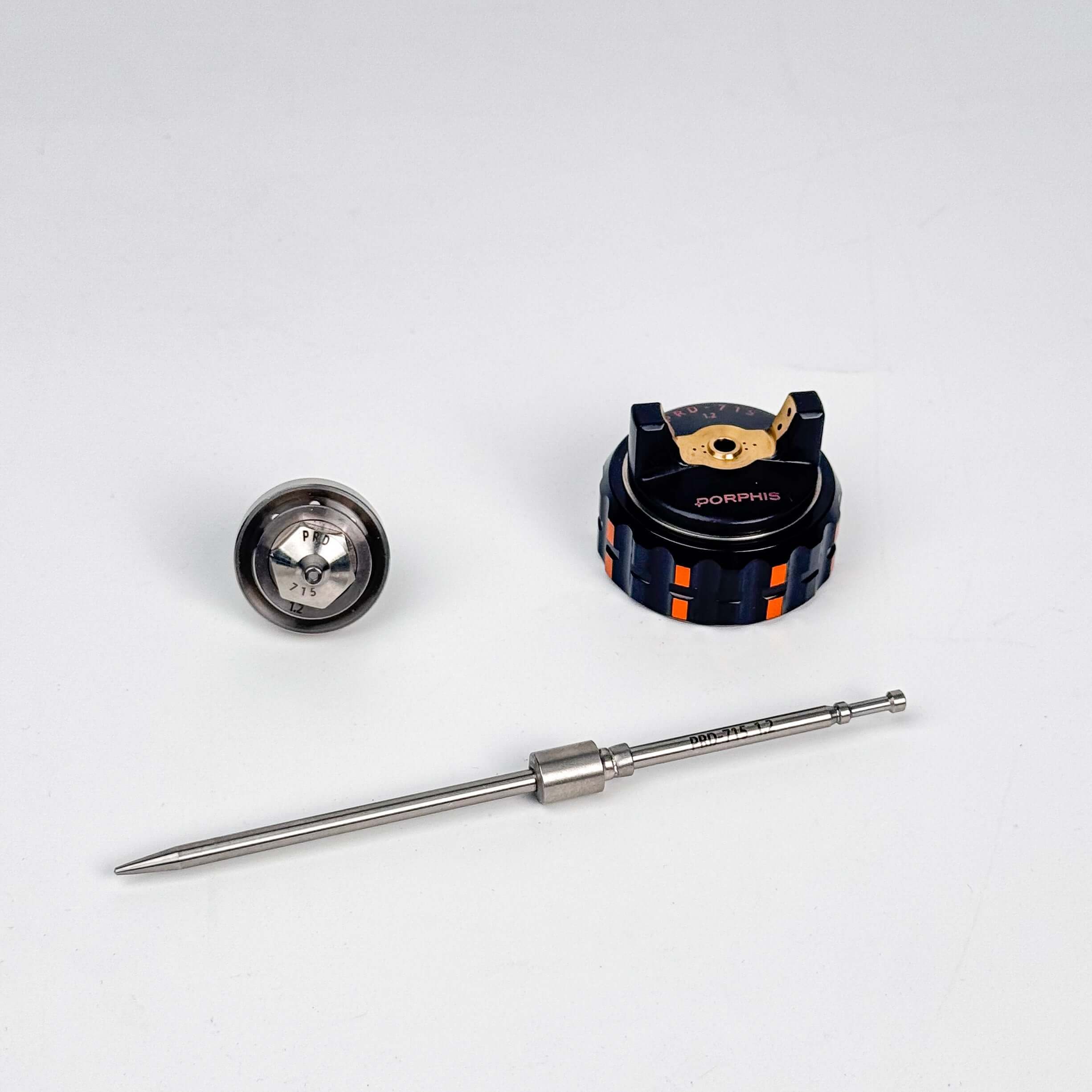 PRD-715 1.2mm Nozzle Needle Cap Kit for PORPHIS PRD-71 Series Spray Gun, featuring nozzle cap and needle.