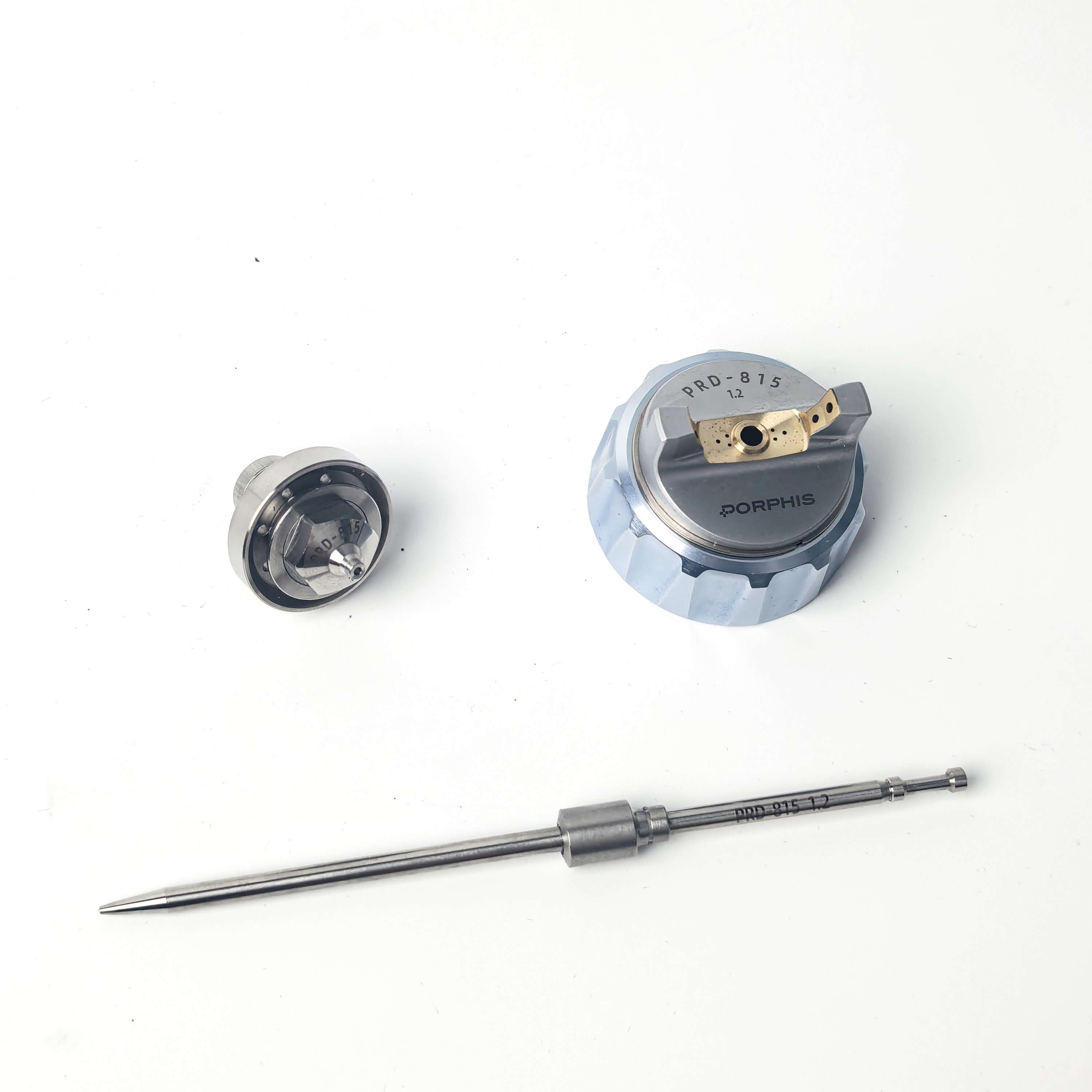 PRD-815 1.2mm Nozzle Needle Cap Kit for PORPHIS PRD-81 Series Spray Gun, Includes nozzle, nozzle cap, and needle.