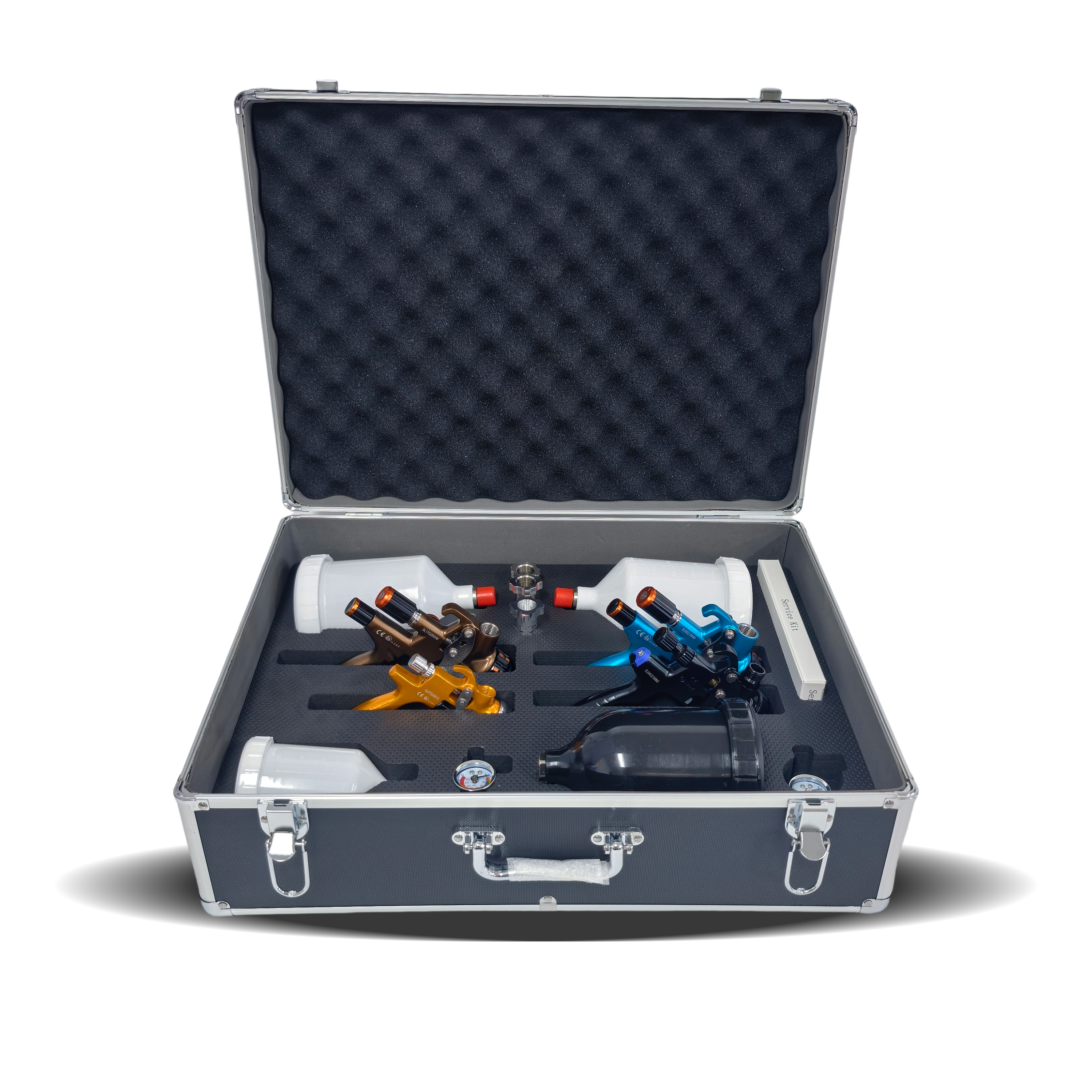 【PORPHIS Exclusive Master Pneumatic Spray Gun Aluminum Box Set 】 Professional Spray Coating Solution | One box covers delicate spraying, large-area coverage, and high-precision details

Includes: 1 piece of PRD-717 brown 1.3mm (for clear coat)
PRD-715 Blue 1.3mm 1 piece (for base coat)
PHS-135 black 1.8mm 1 piece (for primer coat)
MPH-338 Gold 1.0mm 1 piece (for small car repair)
3 pieces of paint mixing cup adapter
2 pieces of pressure gauges
1 piece of service kit